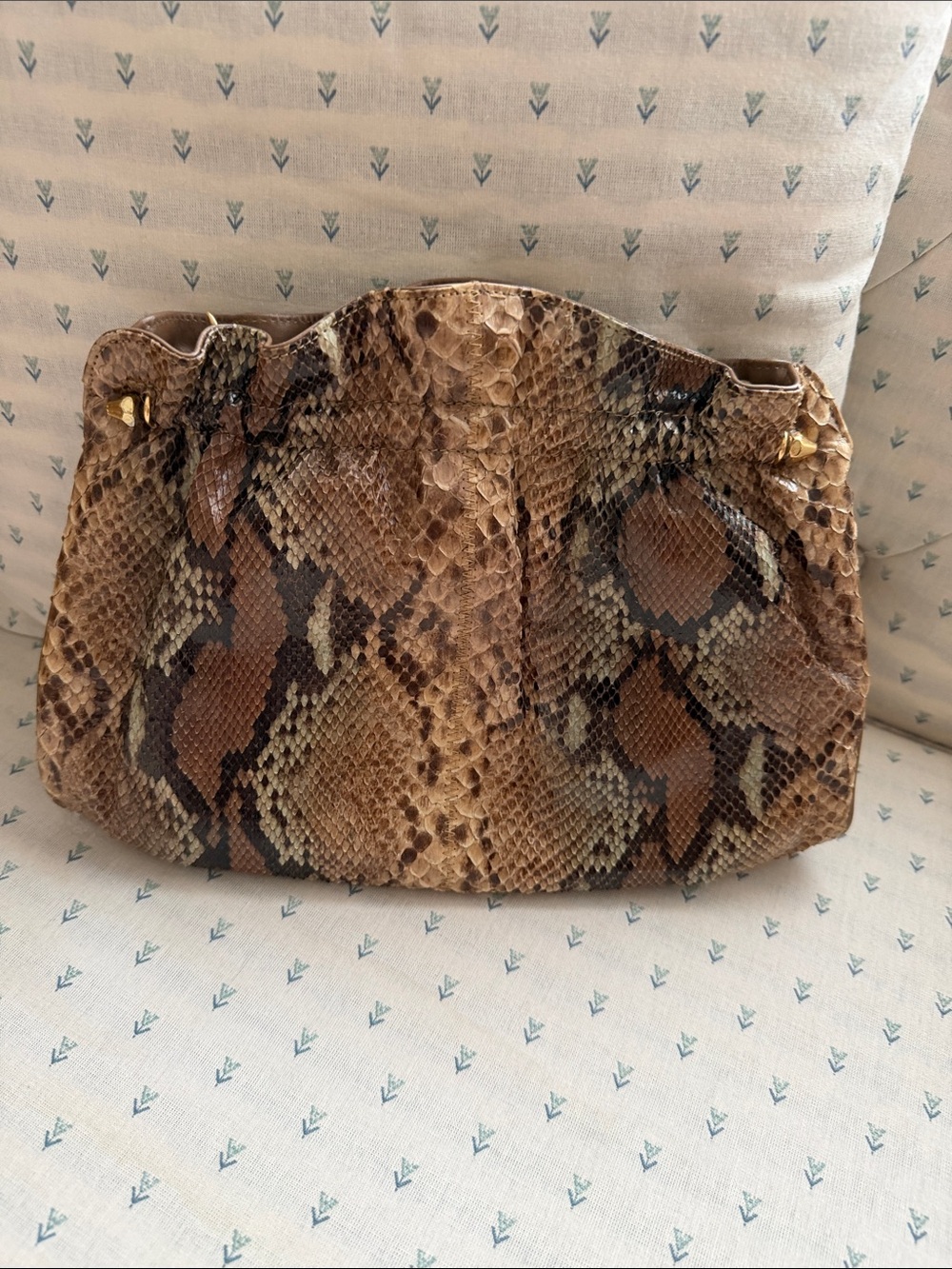 Python-Print Brown Leather Clutch with Gold Accents
